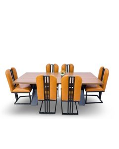 6-Seater Brown Dining Table with Leather Chairs & Black Steel Base MAM005122025