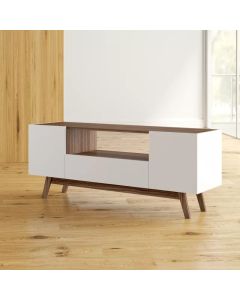 Modern Free Standing TV Stand – Scandinavian White & Wood Media Console – MAM05112025008