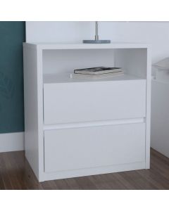 Modern White Bedside Cupboard with 2 Drawers & Open Shelf – Bedroom Storage MAM22102025005