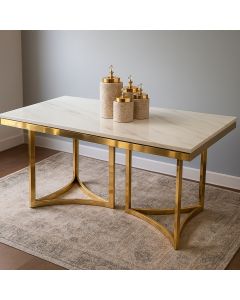 Cream Marble Dining Table with Gold Curved Base – Luxury Modern Dining by Maimo Furniture -MAM111820257