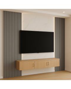 Light Oak Floating TV Stand with Marble Panel & Grey Fluted Sides  Maimo Furniture MAM08102025008