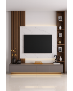 Grey Floating TV Stand with Marble Wall, Fluted Wood & Shelves  Maimo Furniture Cameroon MAM0720202520