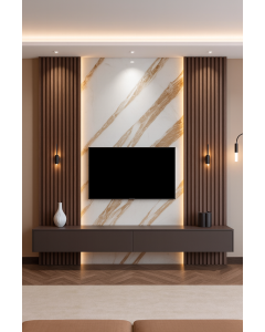 Dark Brown Floating TV Stand with Marble Wall & Fluted Panels  Maimo Furniture Cameroon MAM0720202518