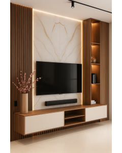 Walnut & Cream Floating TV Stand with Marble Panel & LED Lighting Maimo Furniture Cameroon MAM0720202521