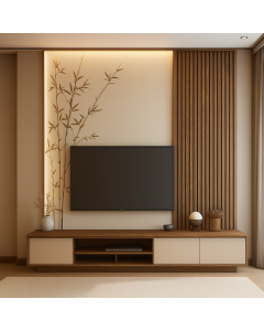 Natural Wood TV Stand with Cream Drawers & Fluted Wall Design Maimo Furniture Cameroon MAM0720202516