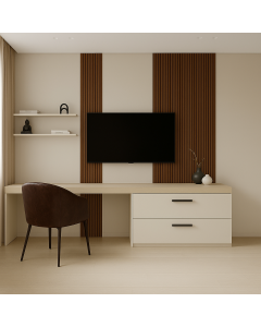 Modern TV Stand with Desk, Cream Drawers & Walnut Fluted Panels  Maimo Furniture Cameroon MAM3009202511
