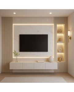 Luxury White Floating TV Stand with Marble Panel & LED Lighting Maimo Furniture Cameroon MAM3009202512