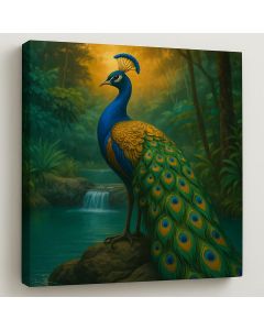 Majestic Peacock by Waterfall – Vibrant Exotic Bird Art by Maimo- MAM0910202545