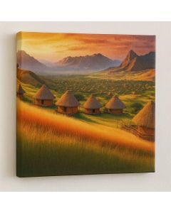 African Village Sunset – Traditional Huts Landscape Art by Maimo- MAM0910202547