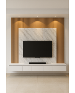 White Floating TV Stand with Marble Wall Panel & Oak Fluted Backdrop Maimo Furniture Cameroon MAM270920257