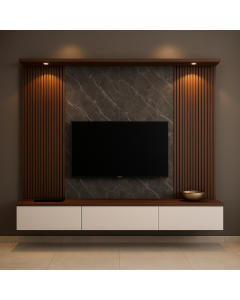 Walnut & Cream Floating TV Stand with Marble Wall Panel Maimo Furniture Cameroon MAM270920252