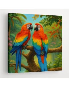 Tropical Parrots Wall Art – Vibrant Exotic Bird Painting by Maimo- MAM0910202542