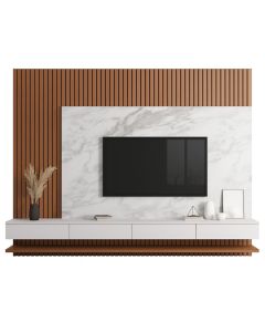 White Floating TV Stand with Marble Wall & Wooden Fluted Frame Maimo Furniture MAM07102025005