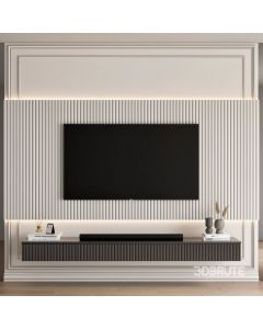 White Fluted TV Wall with Black Floating Cabinet & LED Lighting | Maimo Furniture MAM071025001