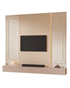 Beige Floating TV Stand with Marble Top & Fluted Wall Panel Maimo Furniture MAM07102025004