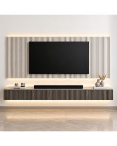 White Fluted TV Wall with Black Floating Cabinet & LED Lighting | Maimo Furniture MAM071025001