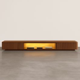 Modern ribbed formica TV stand with open display center and sleek cabinets